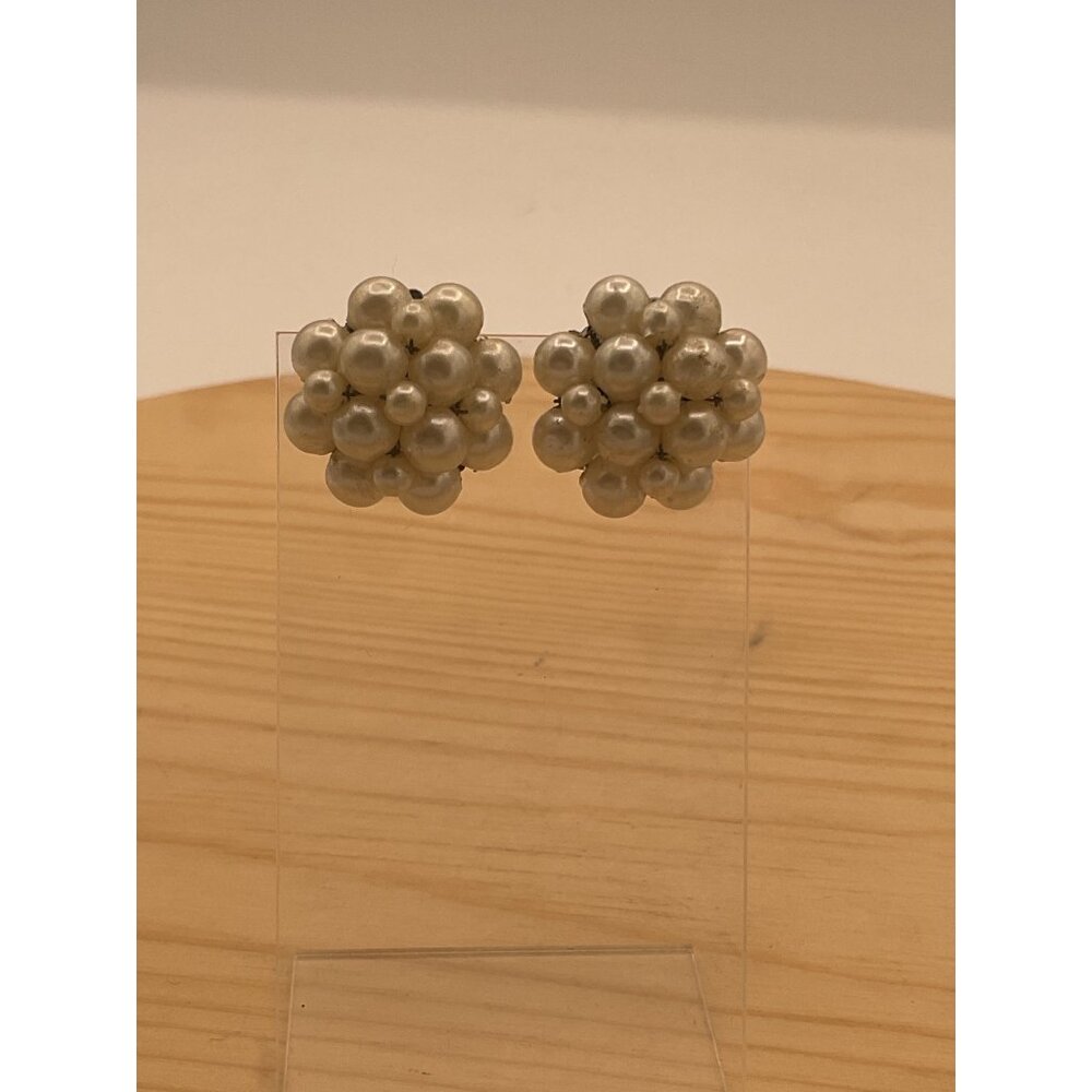 Vintage Pearl Cluster Hong Kong Mid Century Clip On Earrings